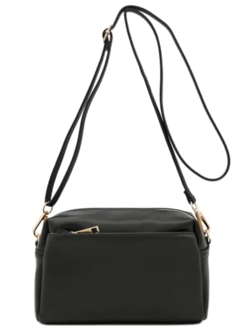 Small crossbody bag with triple zip compartments, faux leather & gold hardware